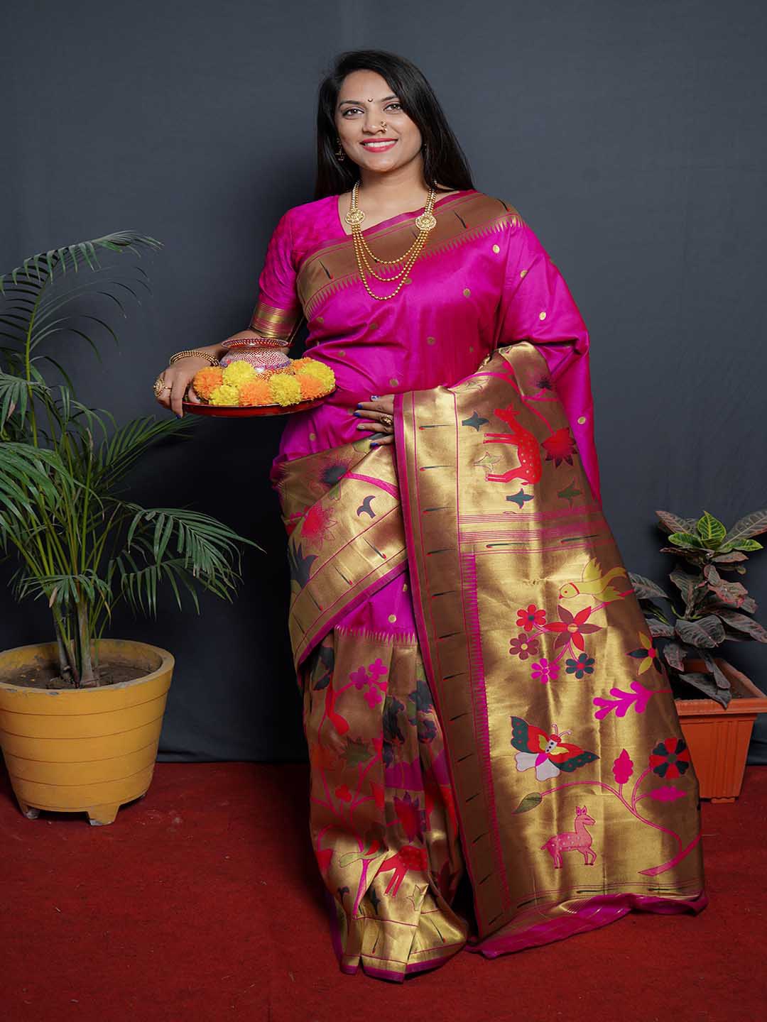 

Mitera Pink & Red Ethnic Motifs Woven Design Zari Saree