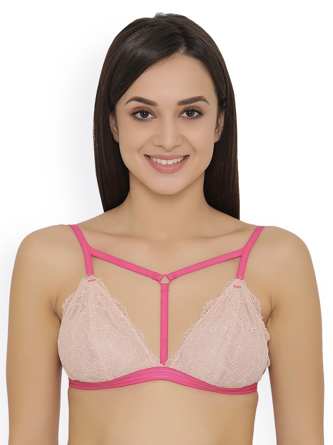 

Clovia Lace Non-Padded Non-Wired Front Cage Bralette, Beige