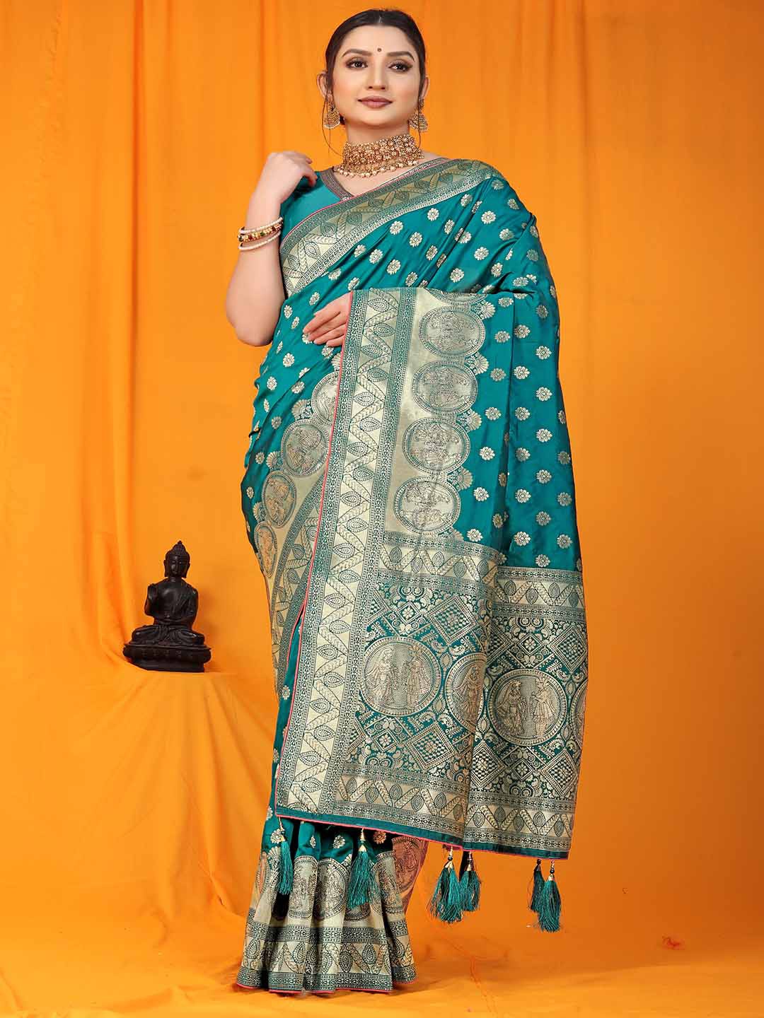 

Mitera Blue & Gold-Toned Woven Design Zari Art Silk Saree