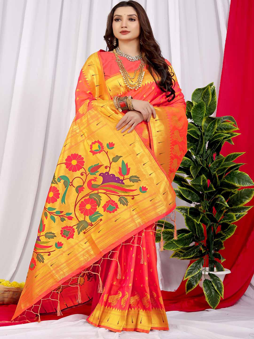 

Mitera Peach-Coloured & Green Paisley Woven Design Zari Saree