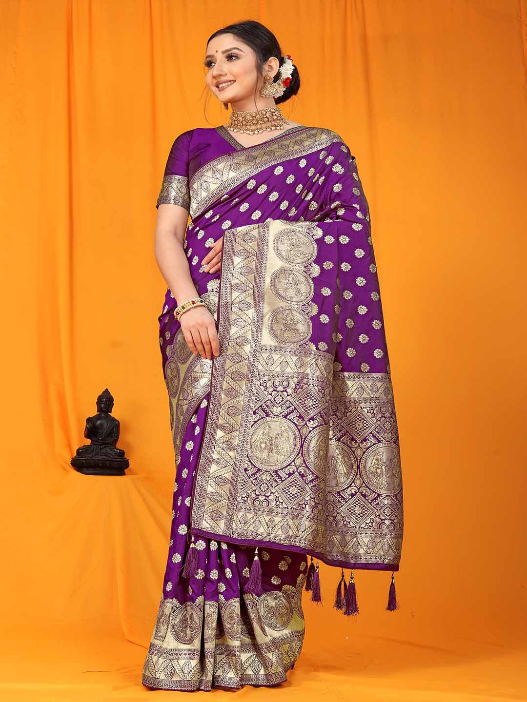 

Mitera Purple Ethnic Motifs Woven Design Zari Saree