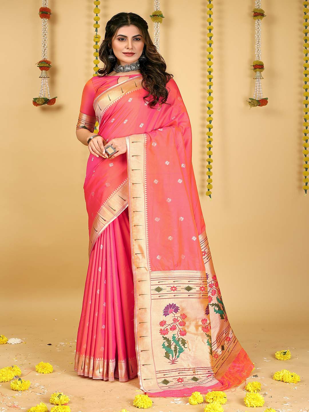 

Mitera Pink Floral Woven Design Art Silk Saree
