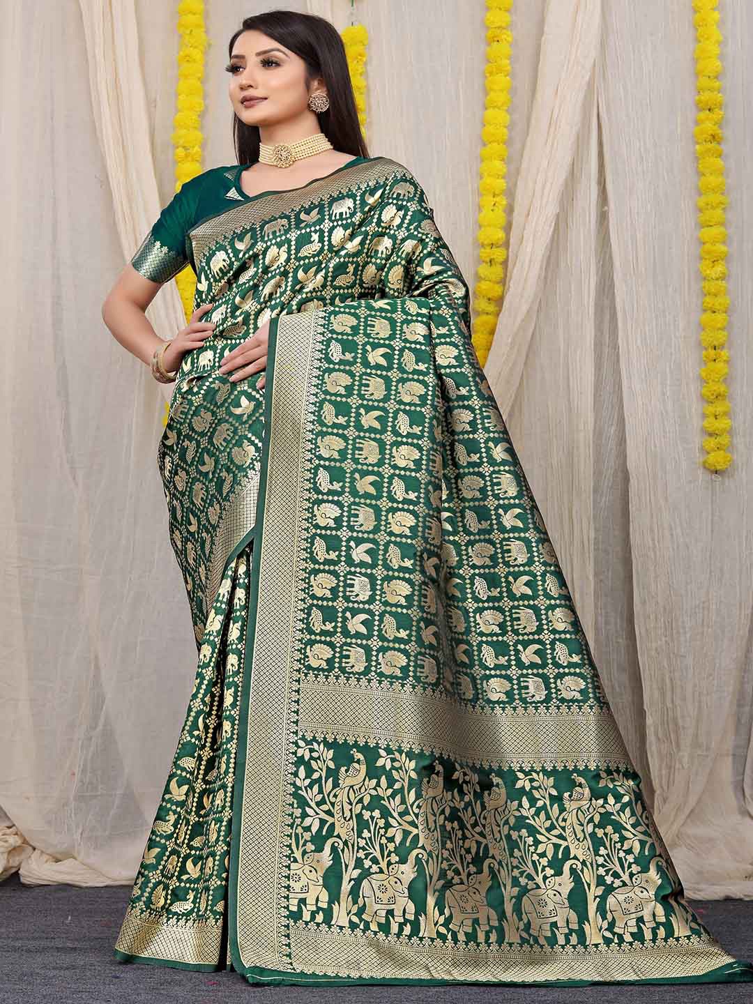 

Mitera Green & Gold-Toned Ethnic Motifs Woven Design Zari Saree