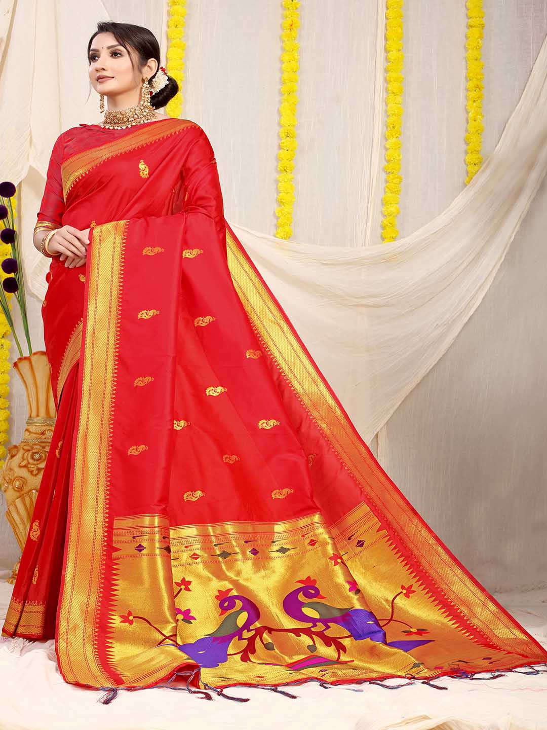

Mitera Red & Blue Ethnic Motifs Woven Design Zari Saree