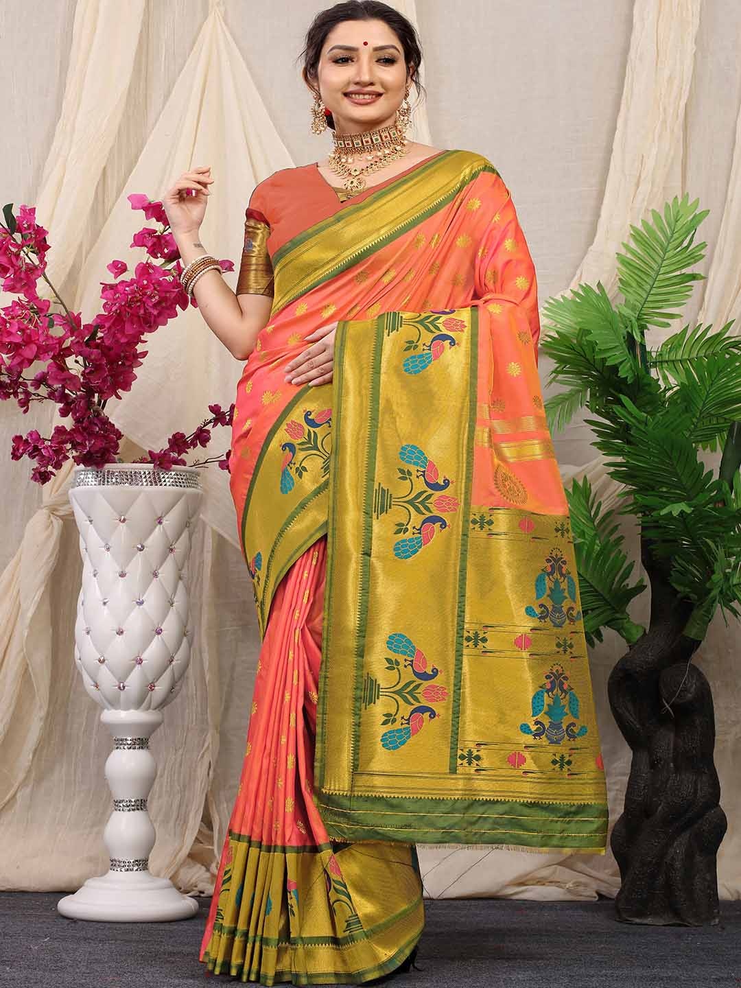 

Mitera Peach-Coloured & Green Ethnic Motifs Woven Design Zari Saree