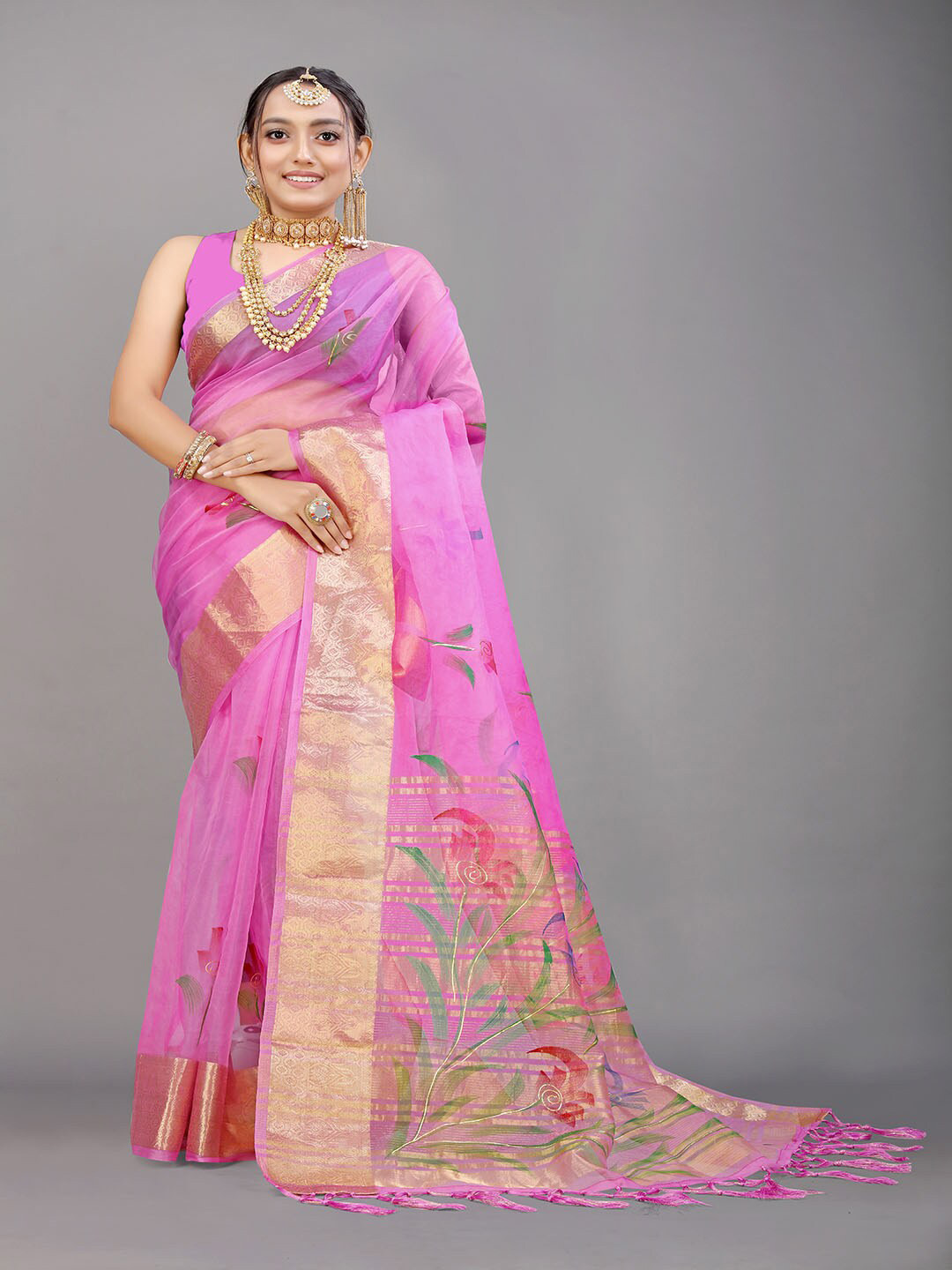 

Mitera Pink & Green Floral Zari Organza Saree