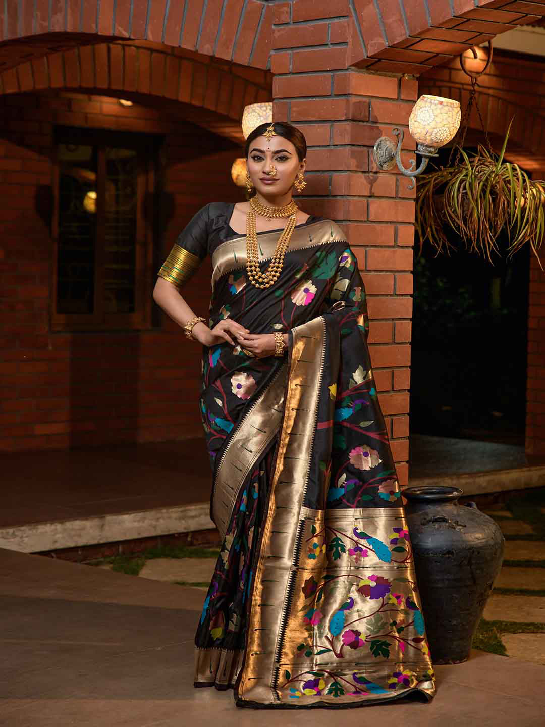 

Mitera Black & Blue Floral Woven Design Zari Saree