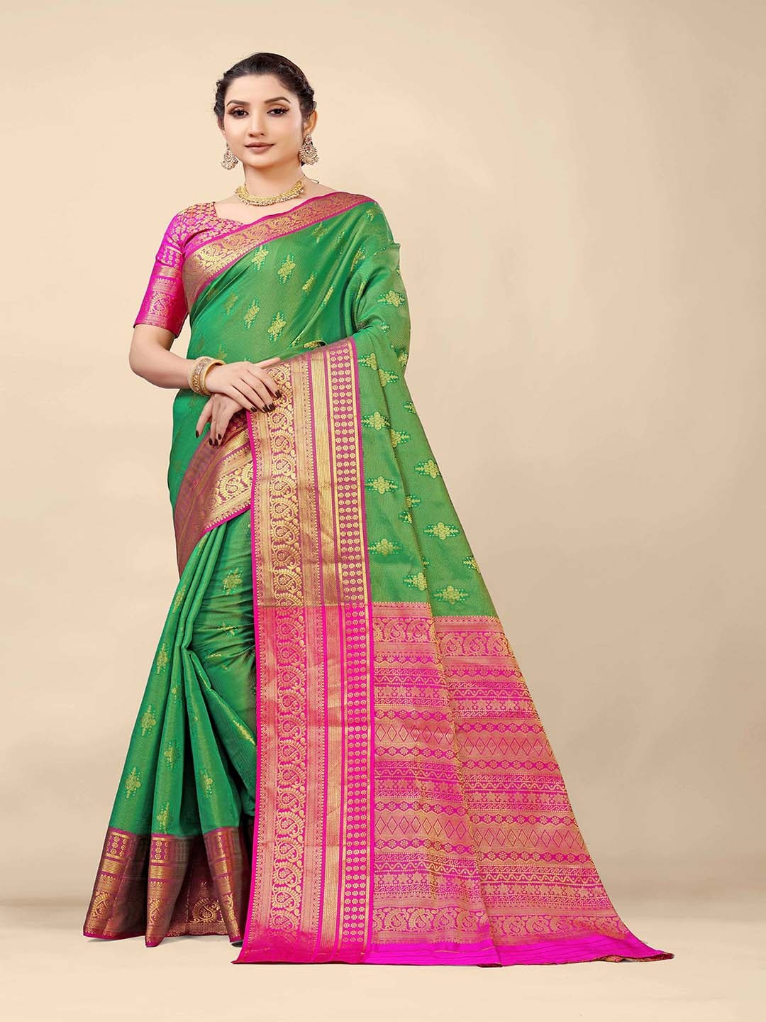 

Mitera Green & Pink Woven Design Zari Art Silk Saree