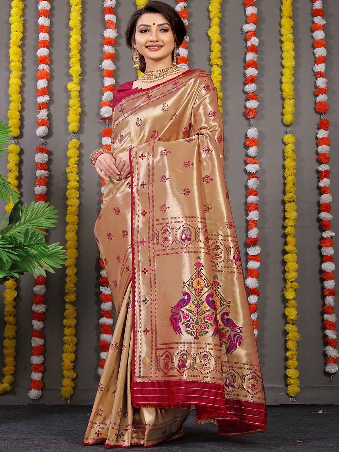 

Mitera Maroon & Red Ethnic Motifs Woven Design Zari Saree