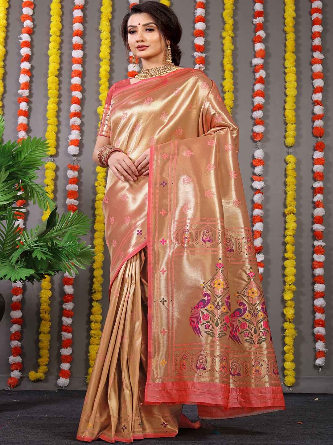 

Mitera Peach-Coloured Woven Design Zari Art Silk Saree