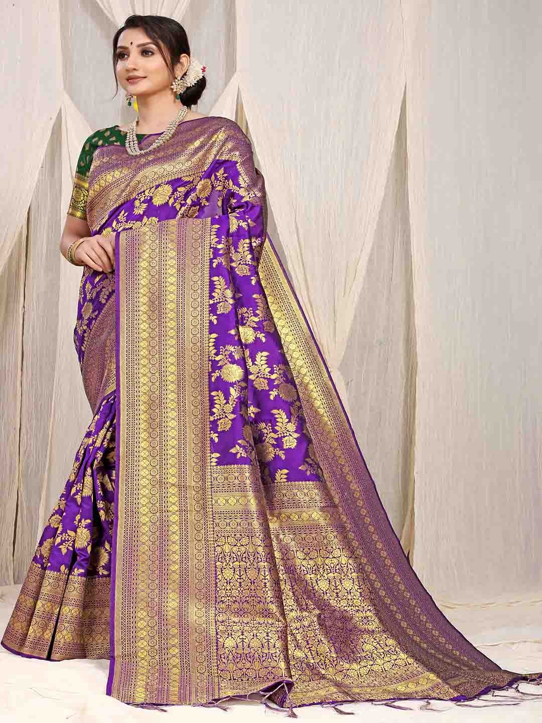 

Mitera Lavender & Gold-Toned Floral Woven Design Zari Saree