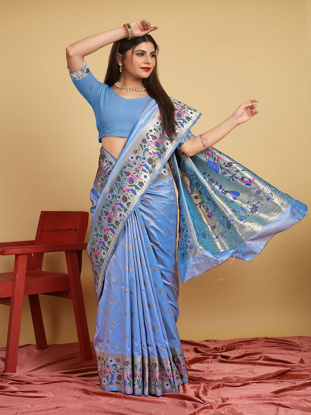 

Mitera Blue Ethnic Motifs Woven Design Zari Saree