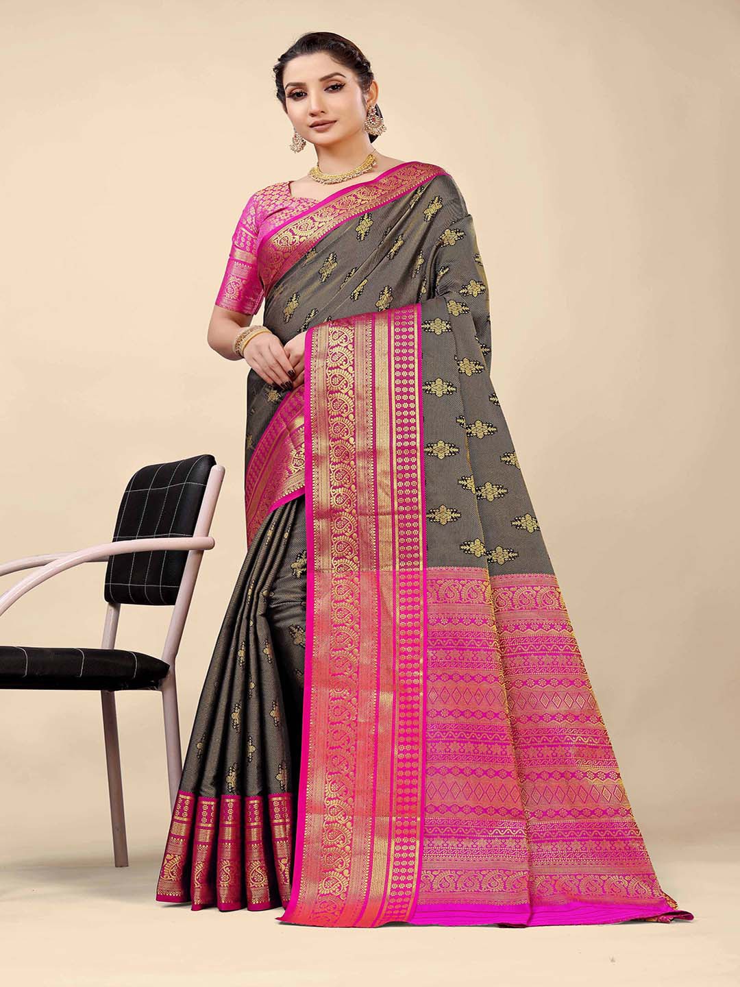 

Mitera Grey & Pink Woven Design Zari Art Silk Saree
