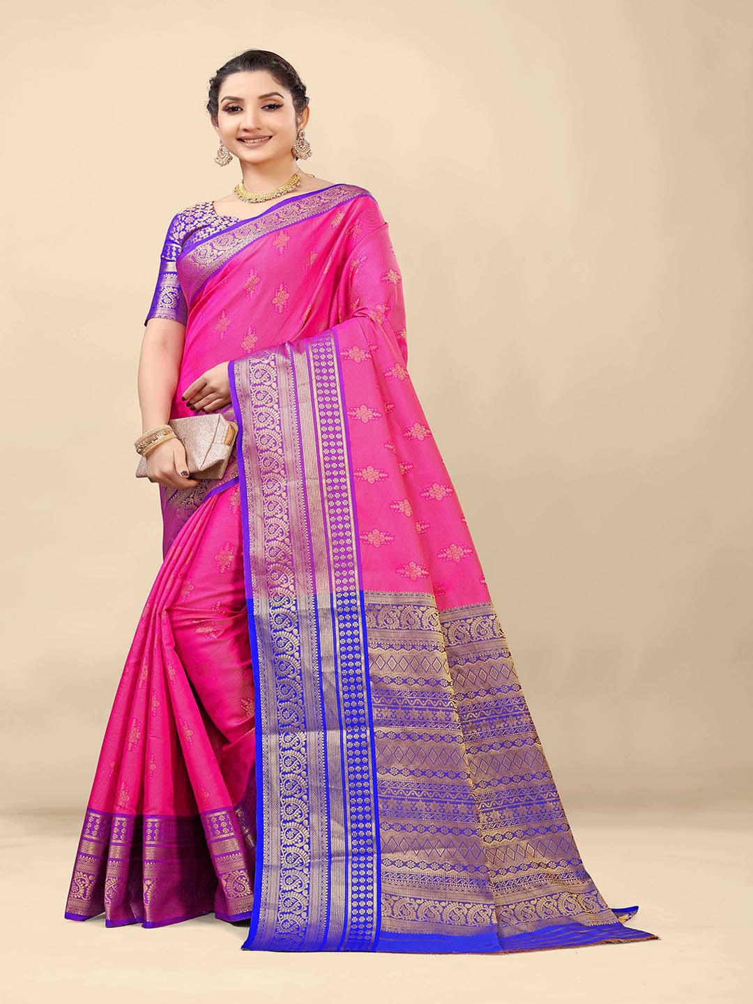 

Mitera Pink & Blue Woven Design Zari Art Silk Saree