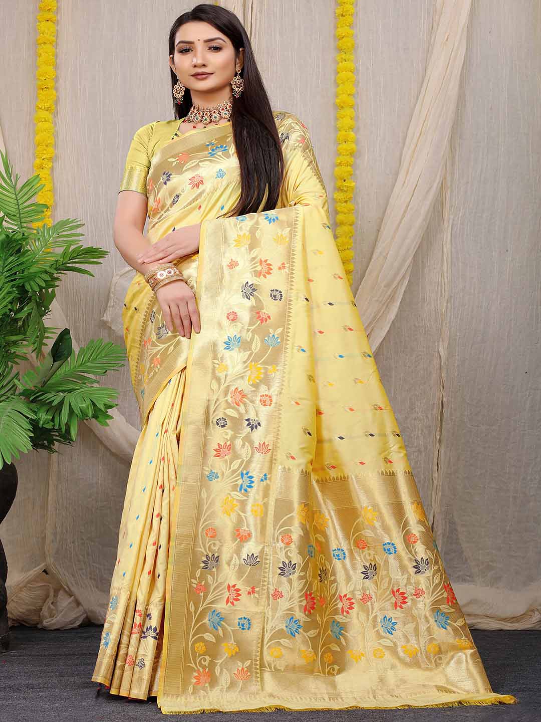 

Mitera Yellow & Gold-Toned Floral Woven Design Zari Art Silk Saree