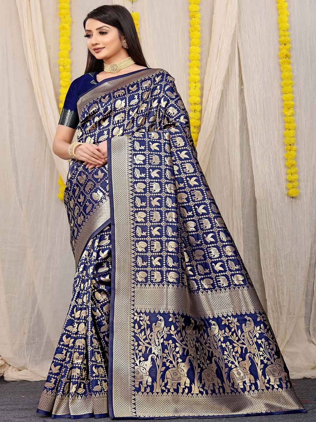 

Mitera Dark Blue Ethnic Motifs Woven Design Art Silk Saree