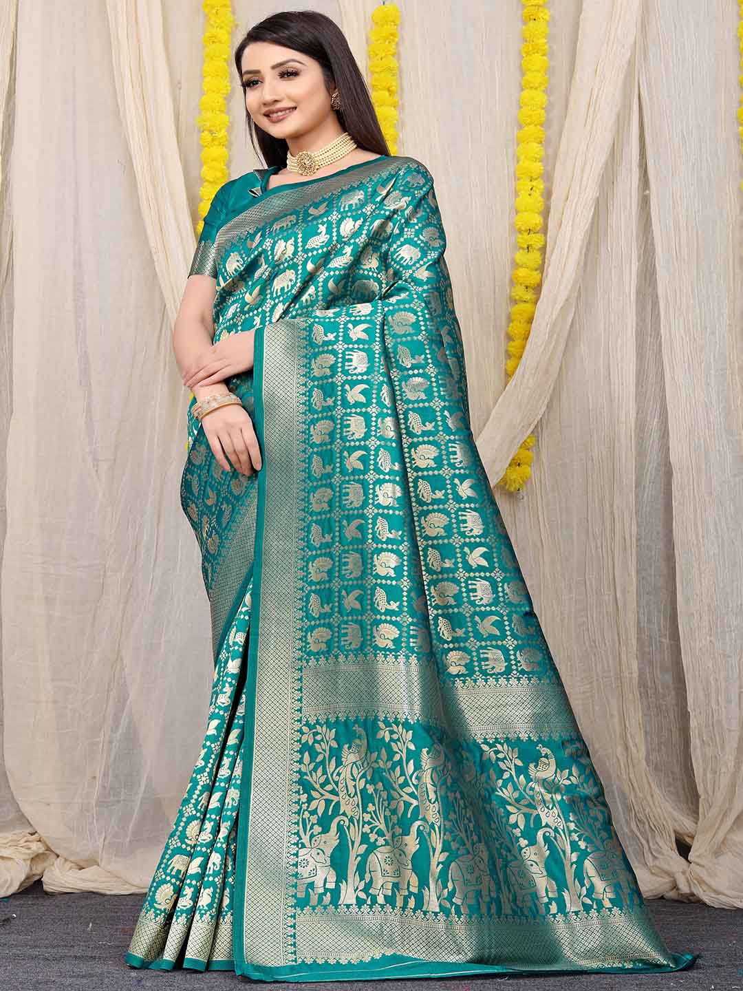 

Mitera Turquoise Blue & Gold-Toned Woven Design Zari Art Silk Saree