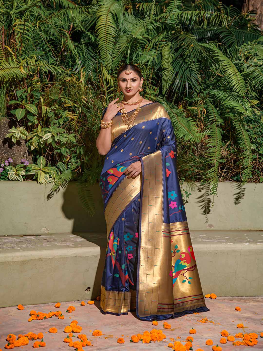 

Mitera Navy Blue & Gold-Toned Woven Design Zari Art Silk Saree