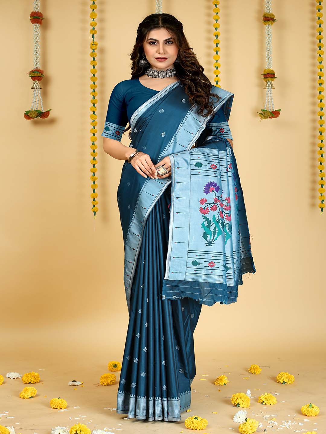 

Mitera Navy Blue & Silver-Toned Woven Design Zari Art Silk Saree