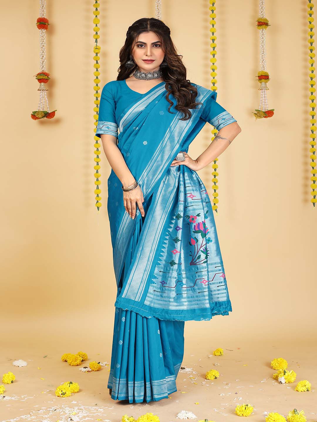 

Mitera Blue & Silver-Toned Woven Design Zari Art Silk Saree