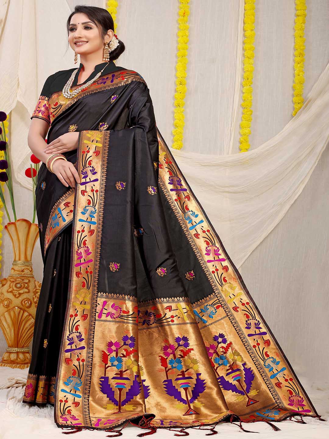 

Mitera Black & Gold-Toned Woven Design Zari Art Silk Saree