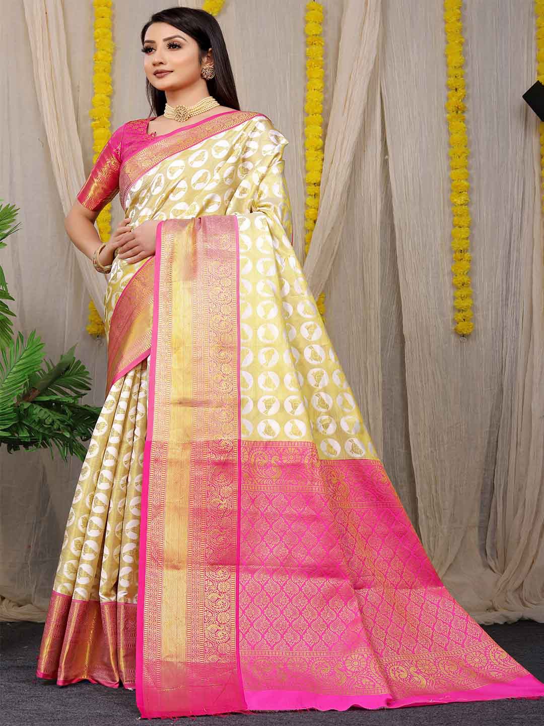 

Mitera White & Gold-Toned Woven Design Zari Art Silk Saree