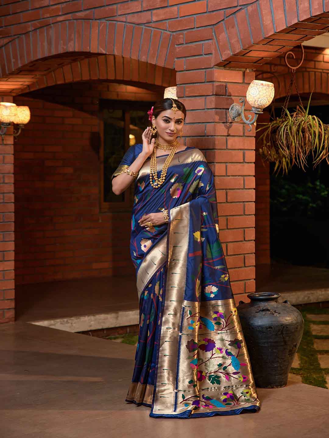 

Mitera Dark Blue Ethnic Motifs Woven Design Art Silk Saree