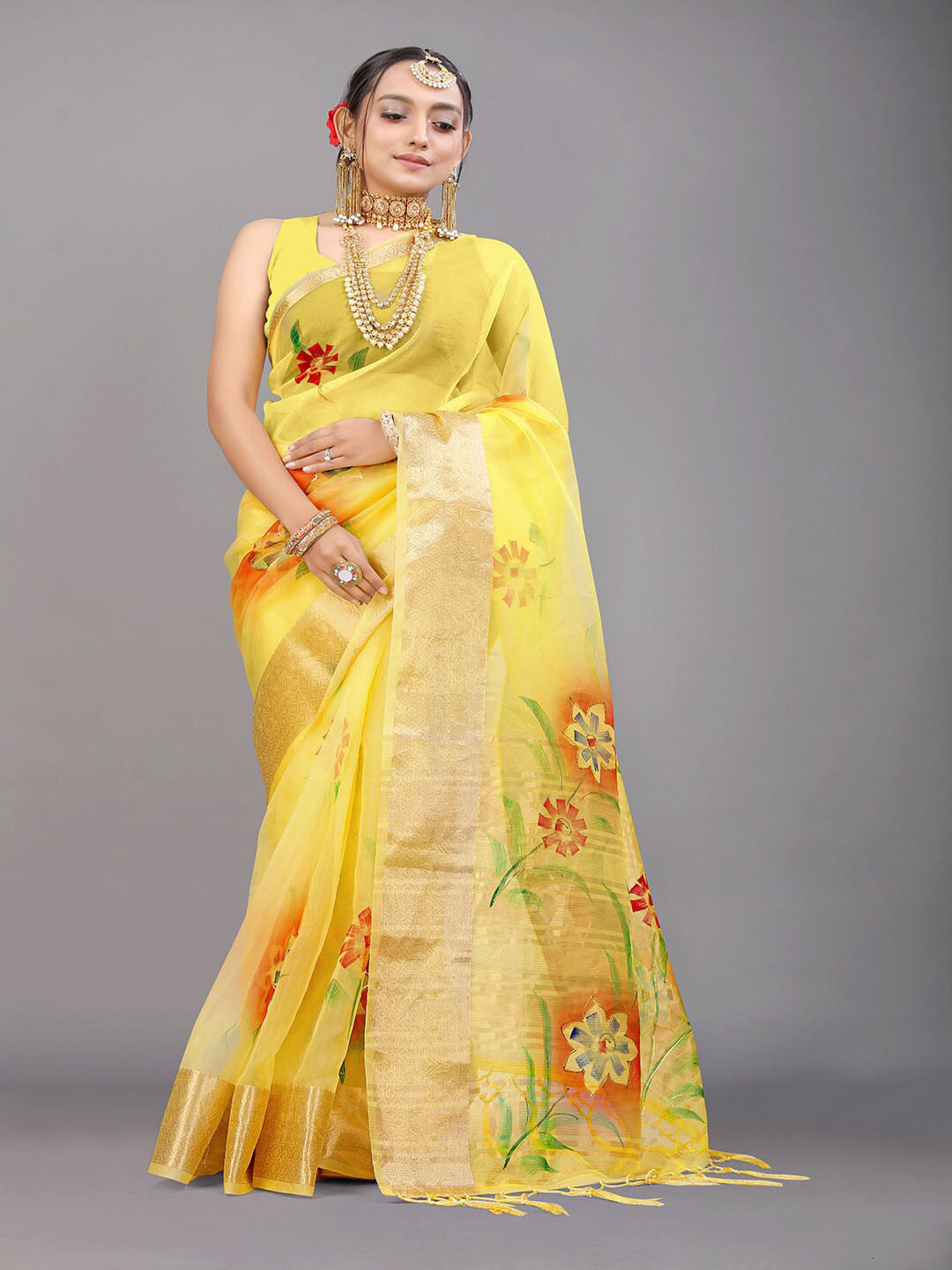 

Mitera Yellow & Gold-Toned Floral Printed Zari Organza Saree