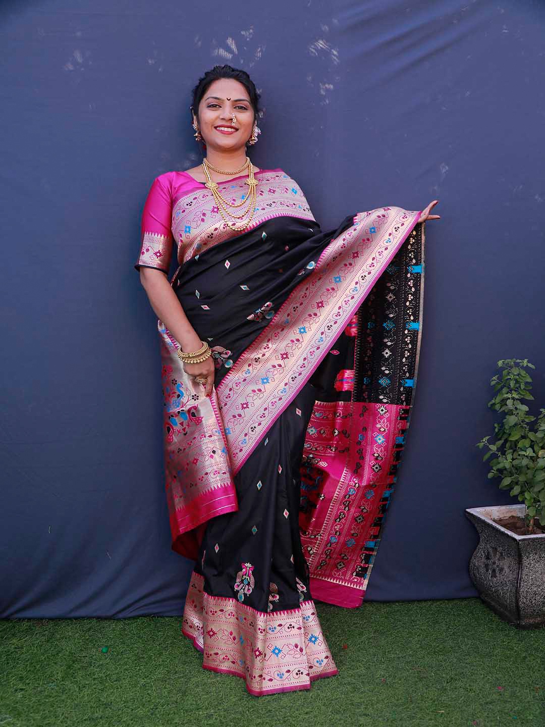 

Mitera Black & Silver-Toned Woven Design Zari Art Silk Saree