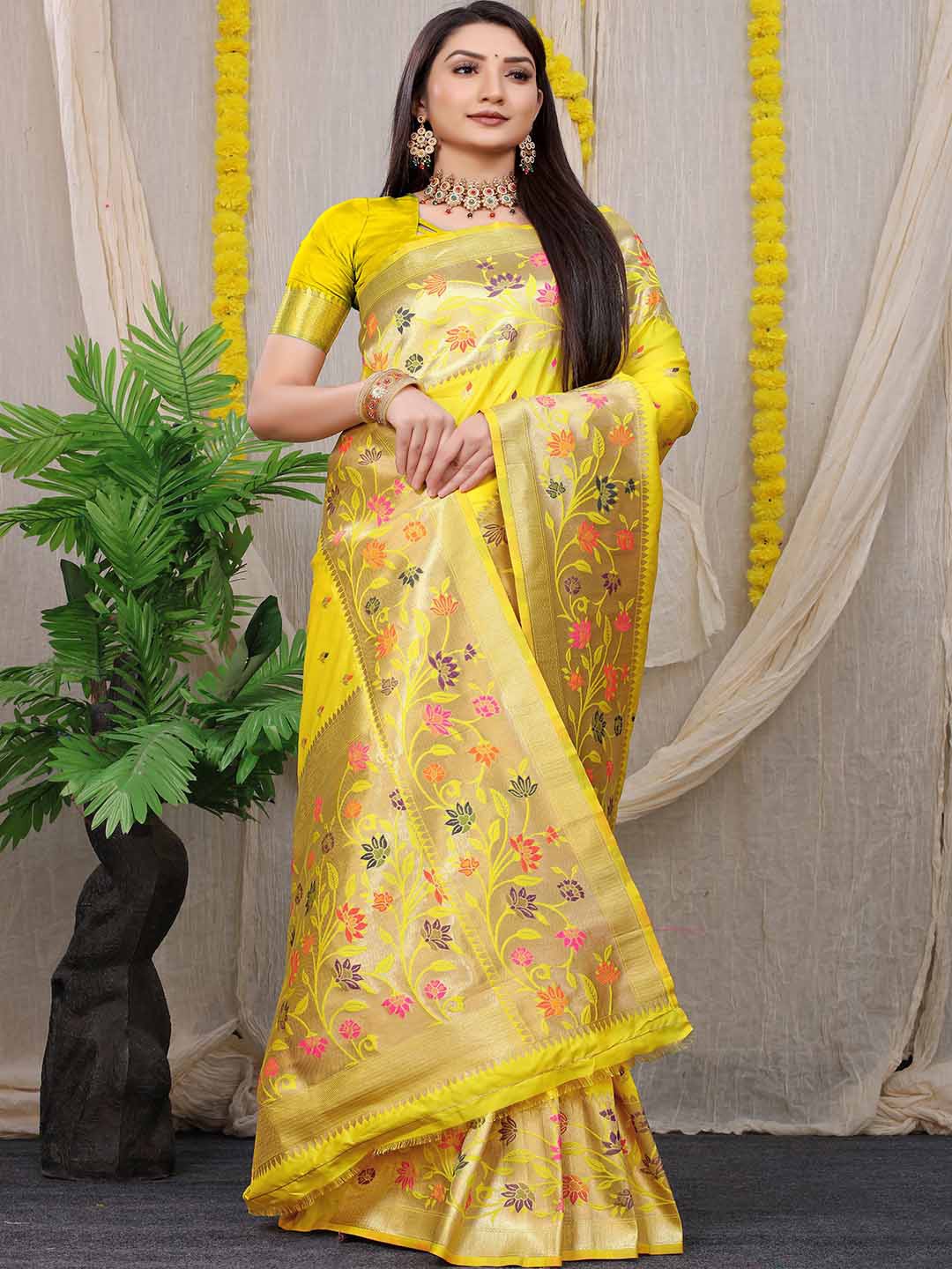 

Mitera Yellow & Gold-Toned Woven Design Zari Art Silk Saree