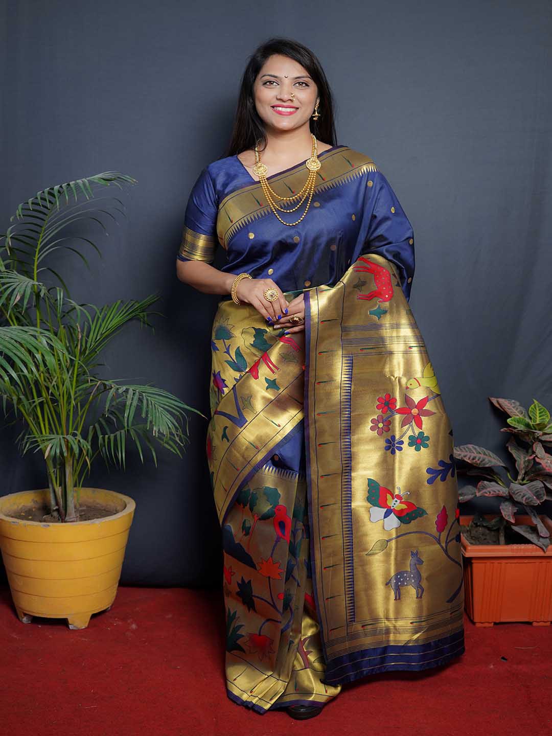 

Mitera Blue & Gold-Toned Ethnic Motifs Woven Design Zari Saree, Navy blue