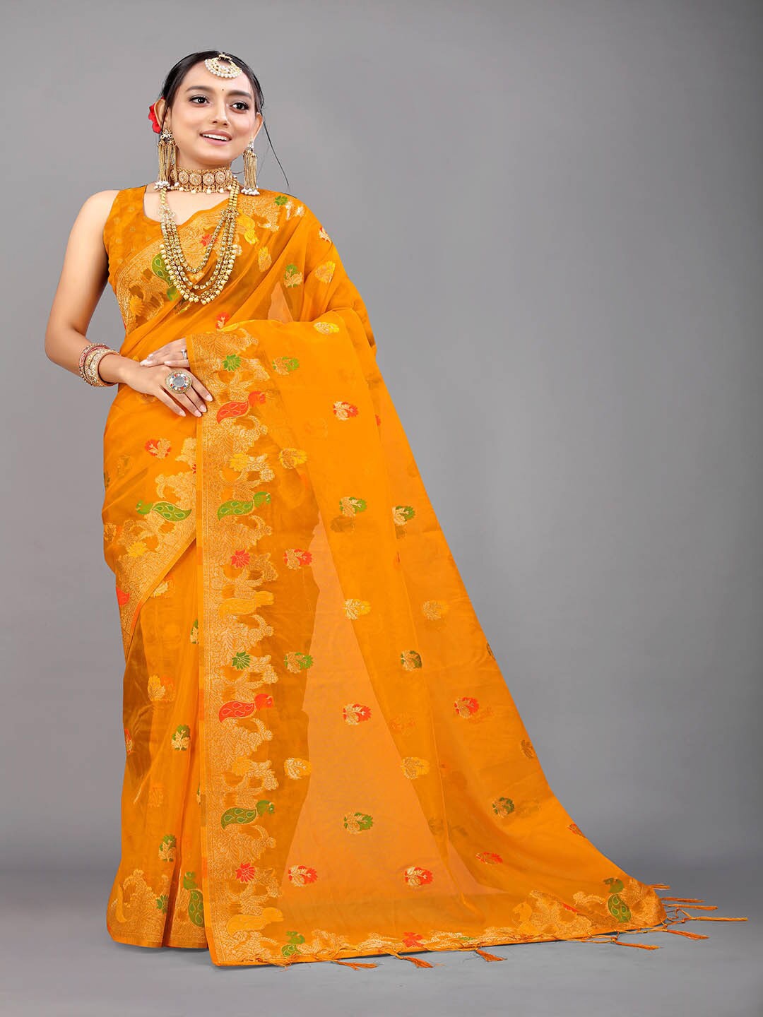 

Mitera Mustard & Gold-Toned Ethnic Motifs Woven Design Zari Art Silk Saree