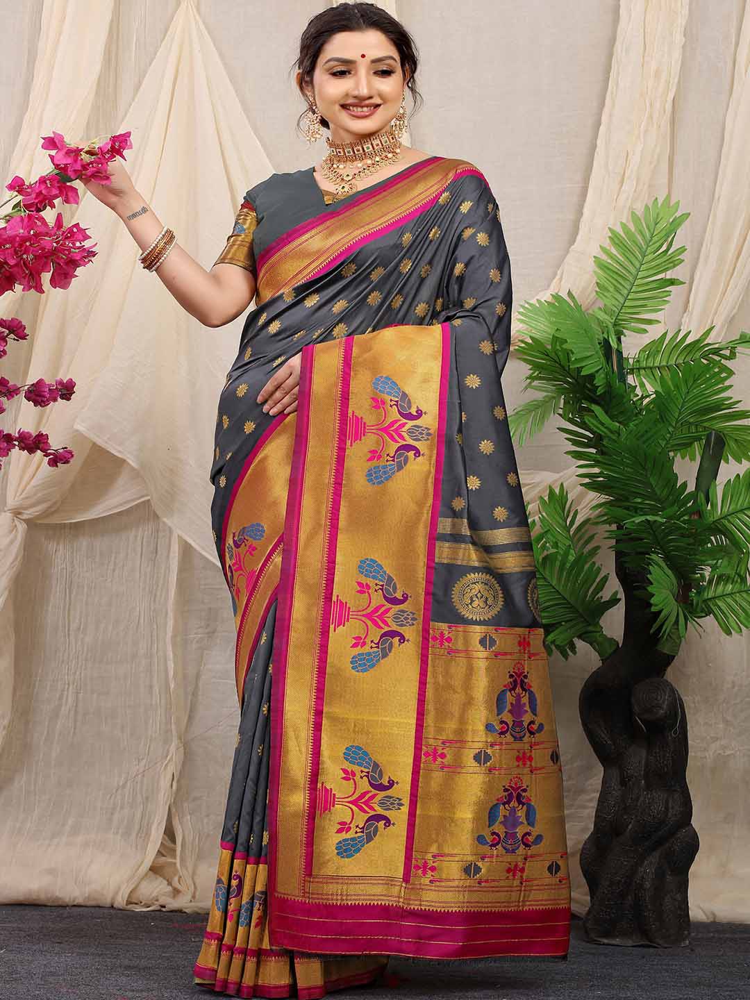 

Mitera Grey & Gold-Toned Ethnic Motif Woven Design Saree