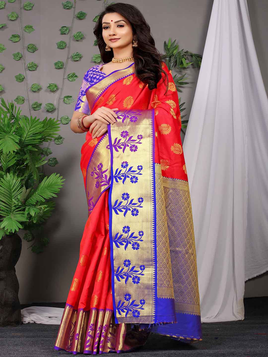 

Mitera Red & Blue Woven Design Zari Art Silk Saree