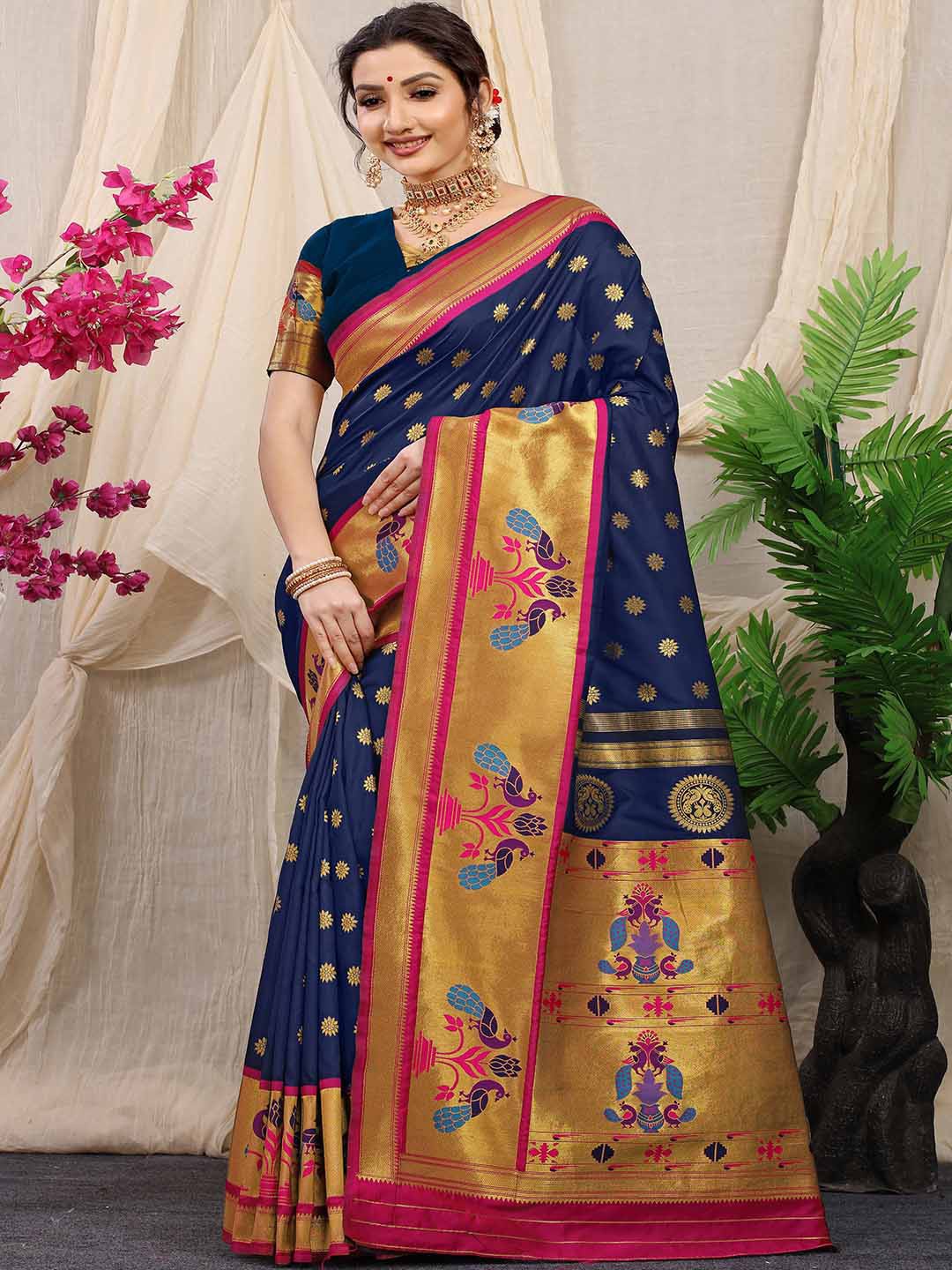 

Mitera Navy Blue & Gold-Toned Floral Woven Design Zari Saree