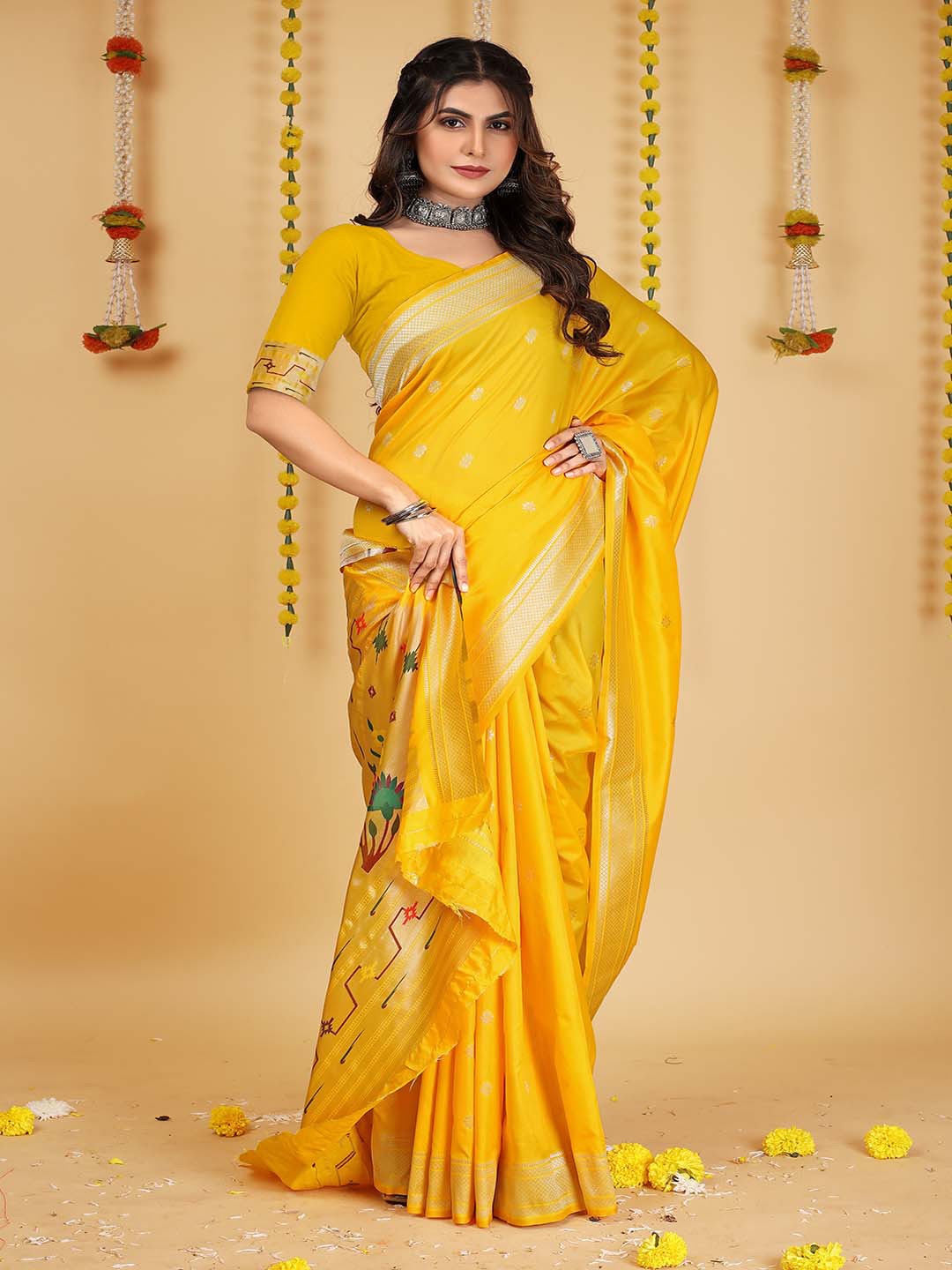 

Mitera Yellow & Gold-Toned Floral Woven Design Zari Saree