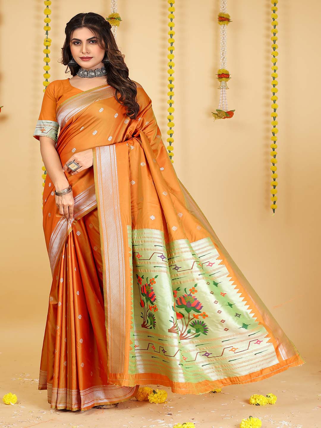 

Mitera Orange & Silver-Toned Woven Design Zari Art Silk Saree