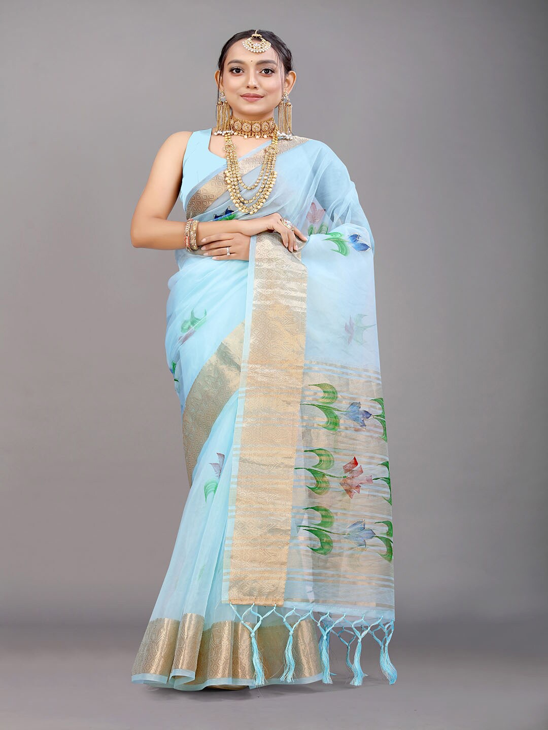 

Mitera Blue & Gold-Toned Floral Woven Design Zari Organza Saree