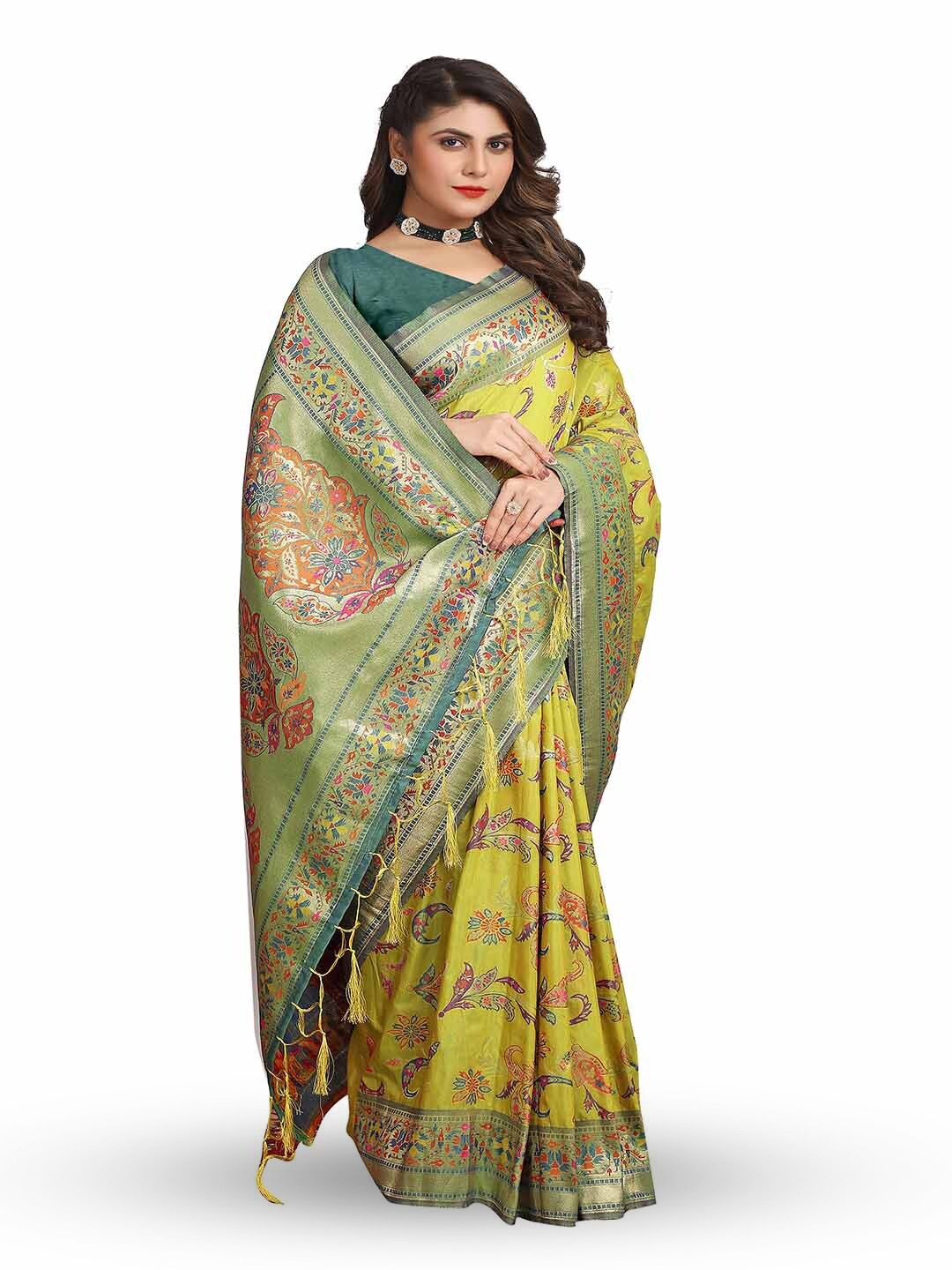 

Mitera Yellow & Gold-Toned Woven Design Zari Saree