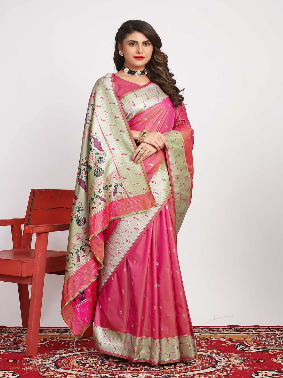 

Mitera Pink & Silver-Toned Ethnic Motif Woven Design Zari Saree