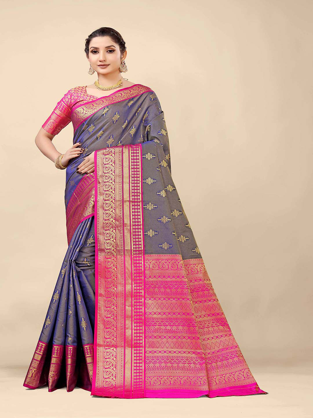 

Mitera Grey & Pink Woven Design Zari Art Silk Saree