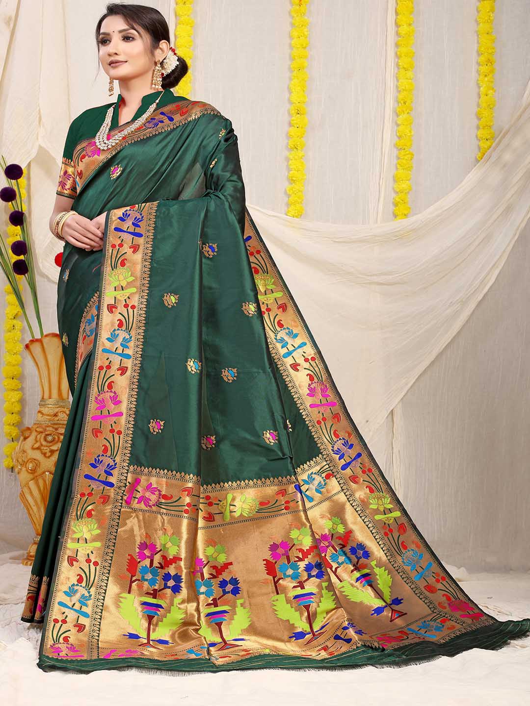 

Mitera Green & Gold-Toned Ethnic Motifs Woven Design Zari Saree