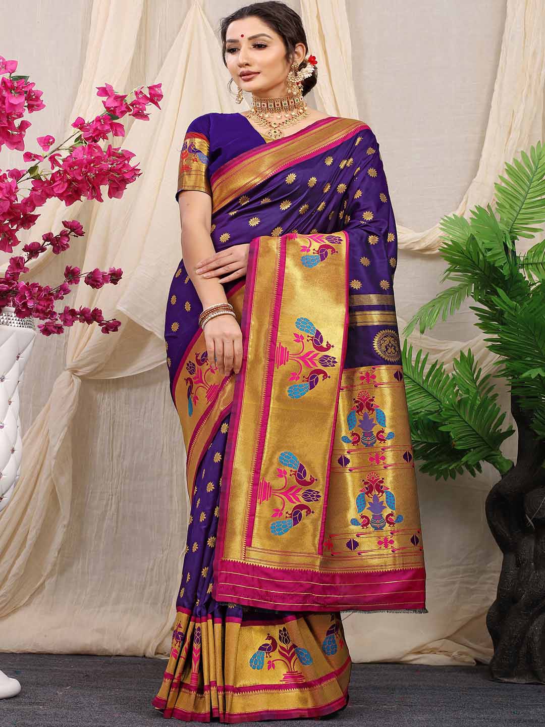 

Mitera Purple & Gold-Toned Ethnic Motif Woven Design Zari Saree
