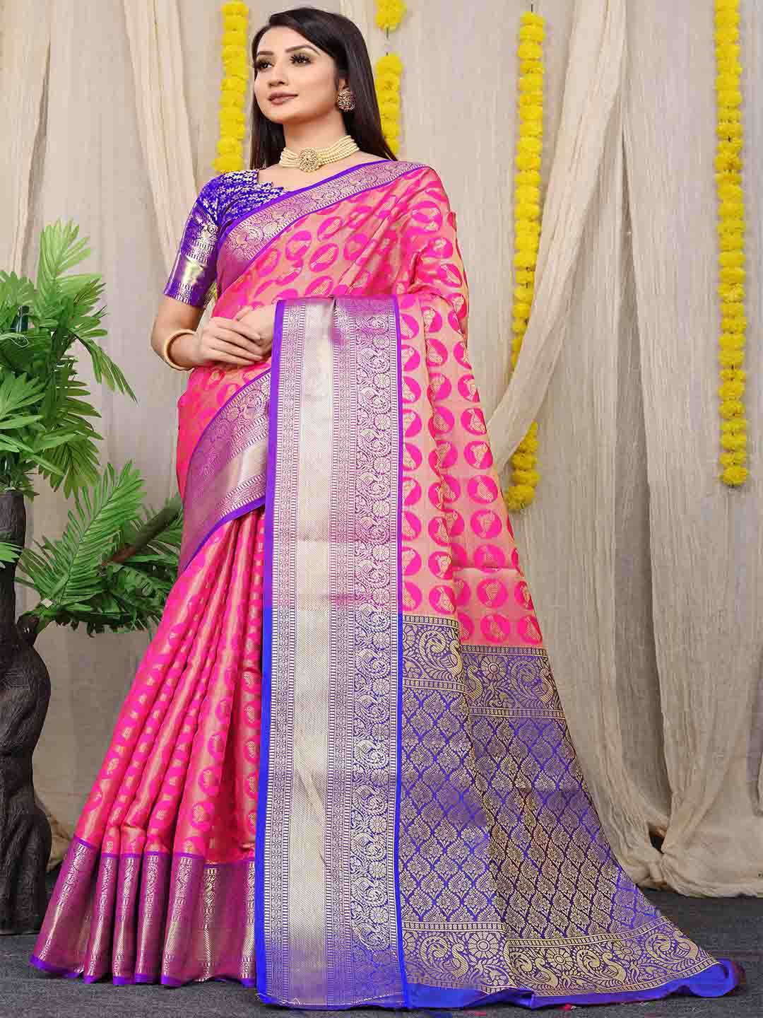 

Mitera Pink & Blue Ethnic Motifs Woven Design Zari Saree