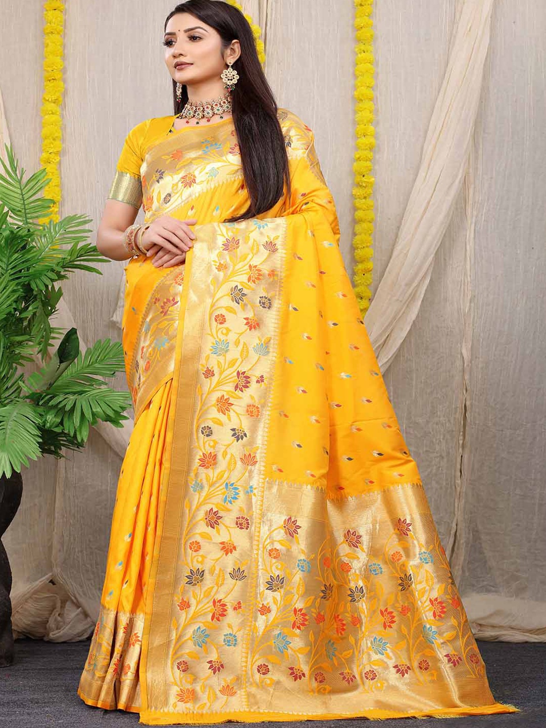 

Mitera Yellow & Gold-Toned Woven Design Zari Art Silk Saree