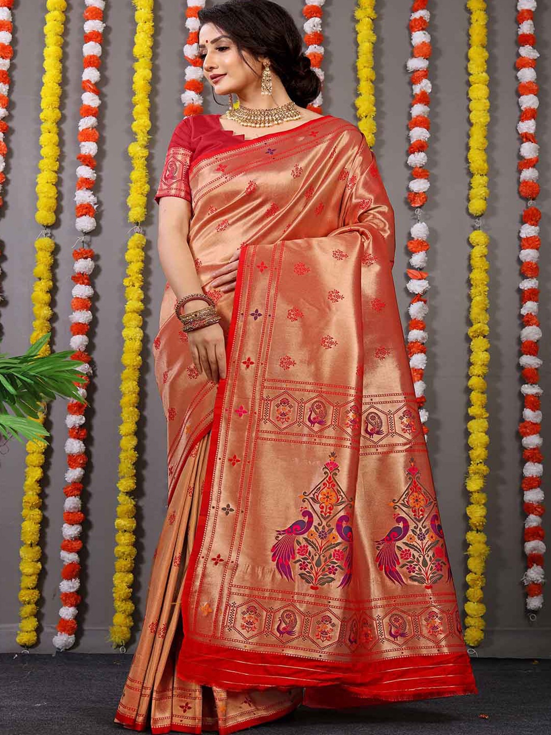 

Mitera Red & Gold-Toned Ethnic Motifs Woven Design Zari Saree