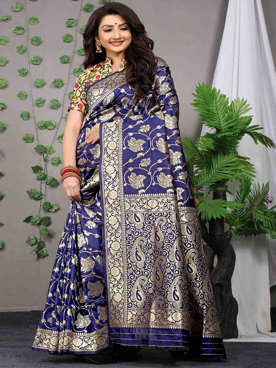 

Mitera Navy Blue Ethnic Motifs Woven Design Art Silk Saree