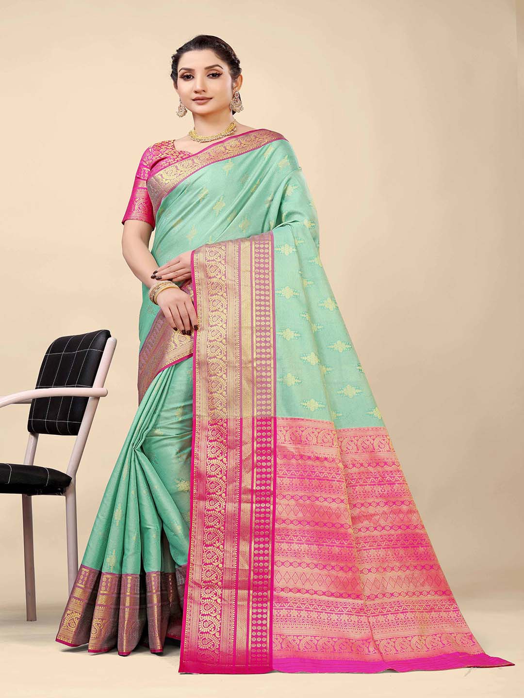 

Mitera Green & Pink Woven Design Zari Art Silk Saree