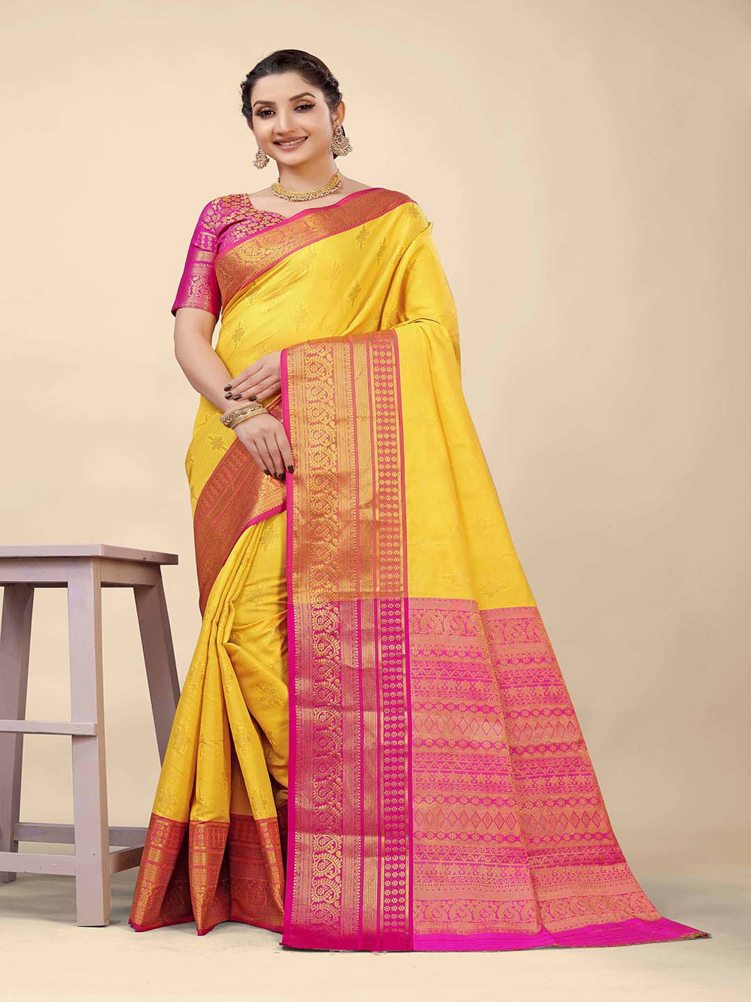 

Mitera Yellow & Pink Woven Design Zari Art Silk Saree