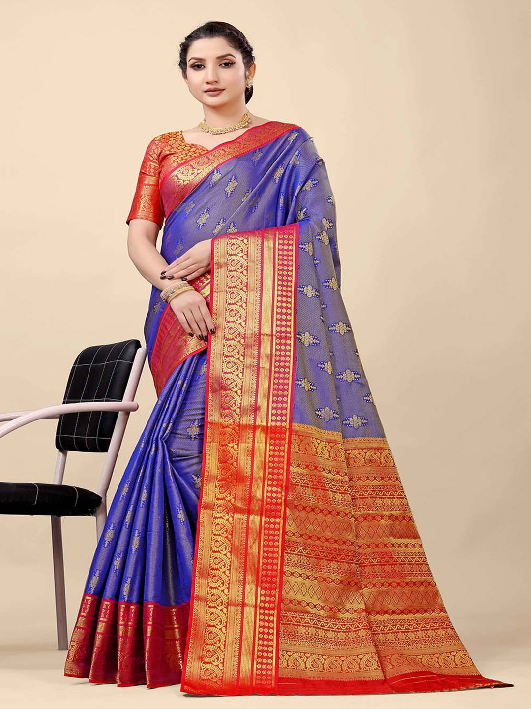 

Mitera Blue & Red Woven Design Zari Art Silk Saree